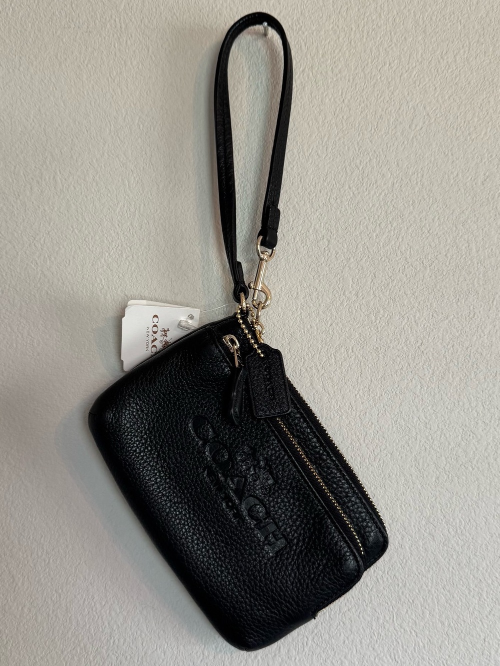 Coach Black Pebbled Leather Double Zip Wristlet with Gold Hardware - Picture 1 of 5